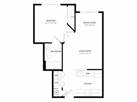 Floor plan for 1 bed, 1 bath, 531 sqft